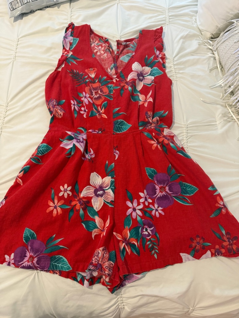 Old Navy Red Floral Romper with Multicolor Blooms